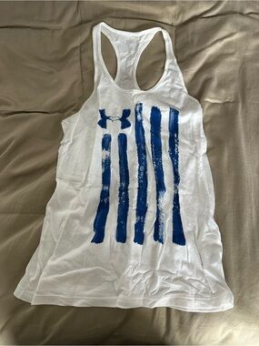 Under Armour White Racerback Tank with Blue Brush Flag